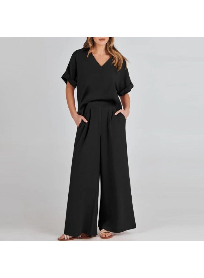 Barbora Elegant Women's T-Shirt and Long Pants Top and Bottom Two Piece Set V Neck Short Sleeve Casual Casual Dress LN27BLACK - Image 2